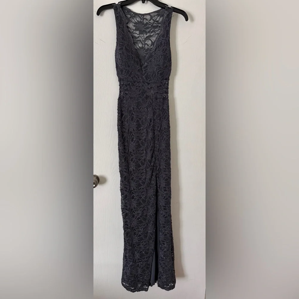 B Darlin Charcoal Lace Maxi Dress - Picture 1 of 5